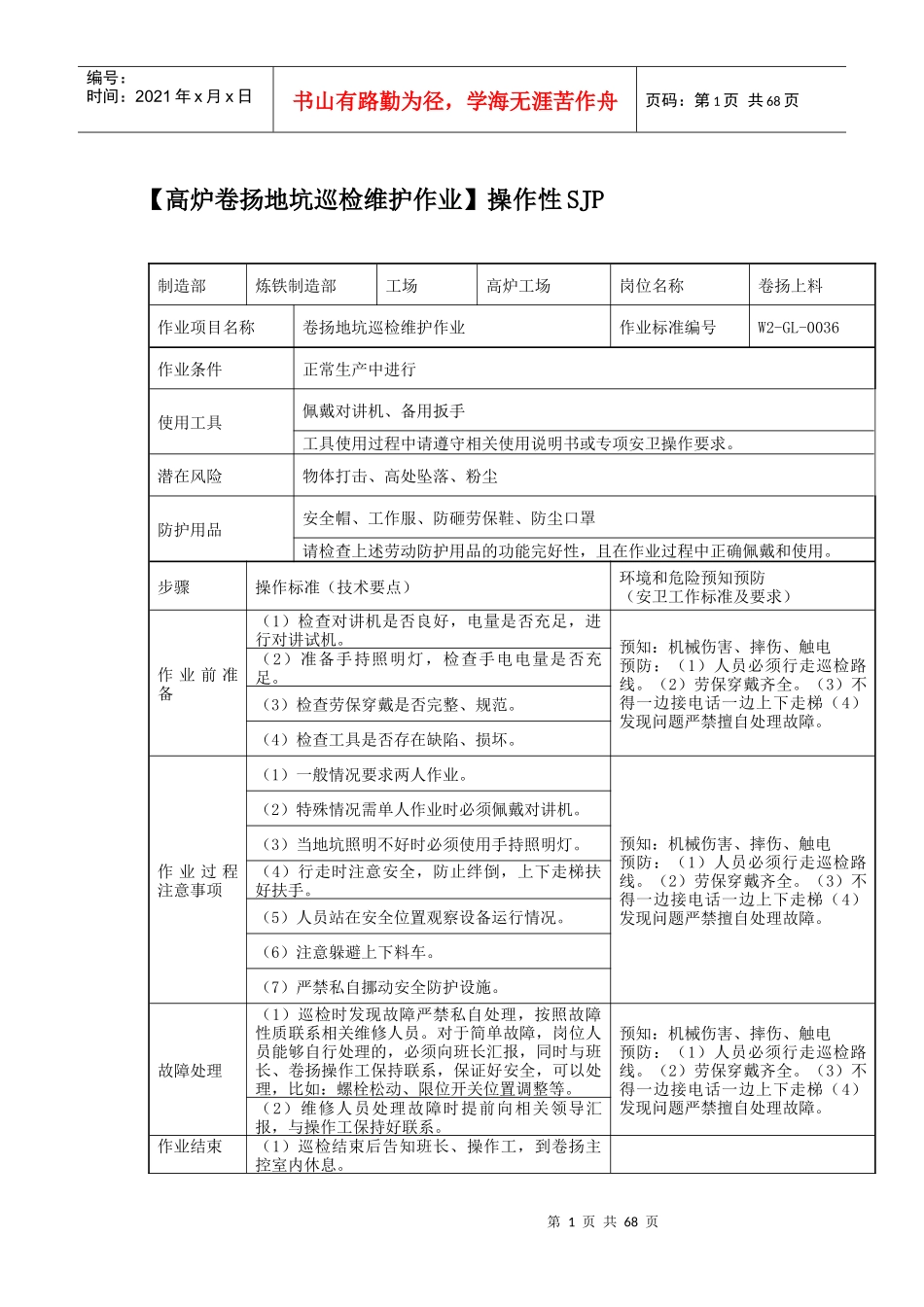 高炉卷扬岗位操作性SJP卡(安全工作程序)_第1页