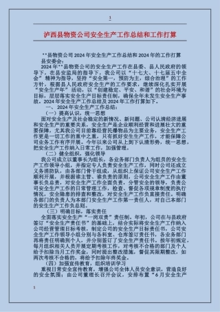 泸西县物资公司安全生产工作总结和工作打算