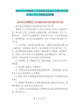 2024年公司销售员工作总结范文和2024年度工作计划与2024年公司销售总结汇编