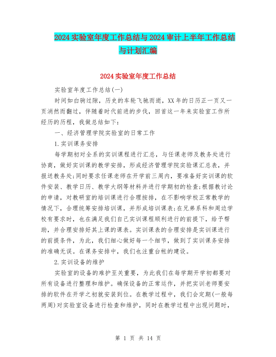 2024实验室年度工作总结与2024审计上半年工作总结与计划汇编_第1页