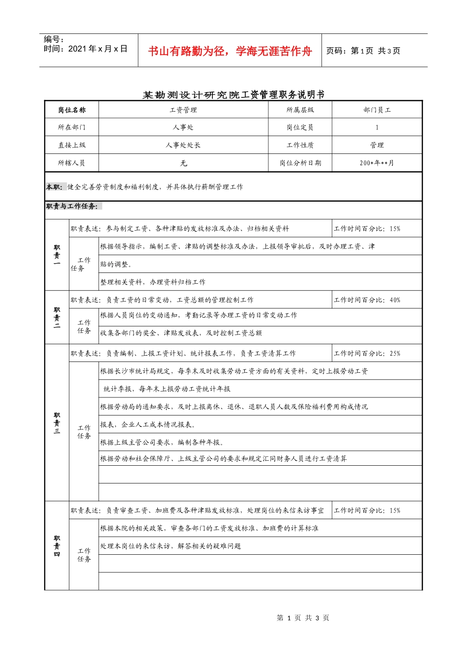 某勘测设计研究院工资管理职务说明书_第1页