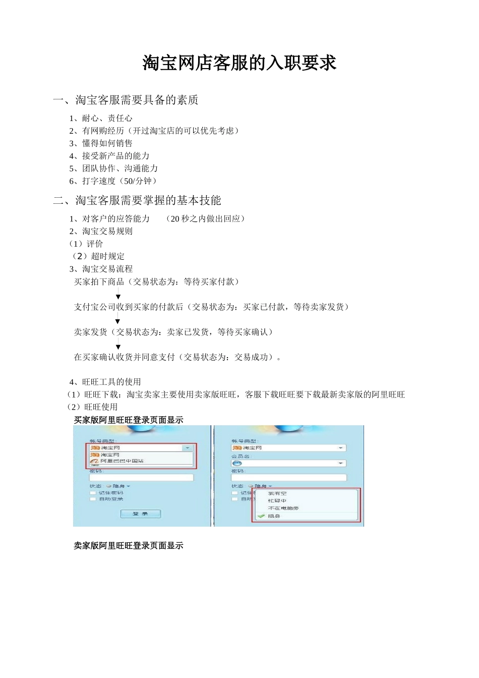 淘宝客服的入职要求及工作技巧_第1页
