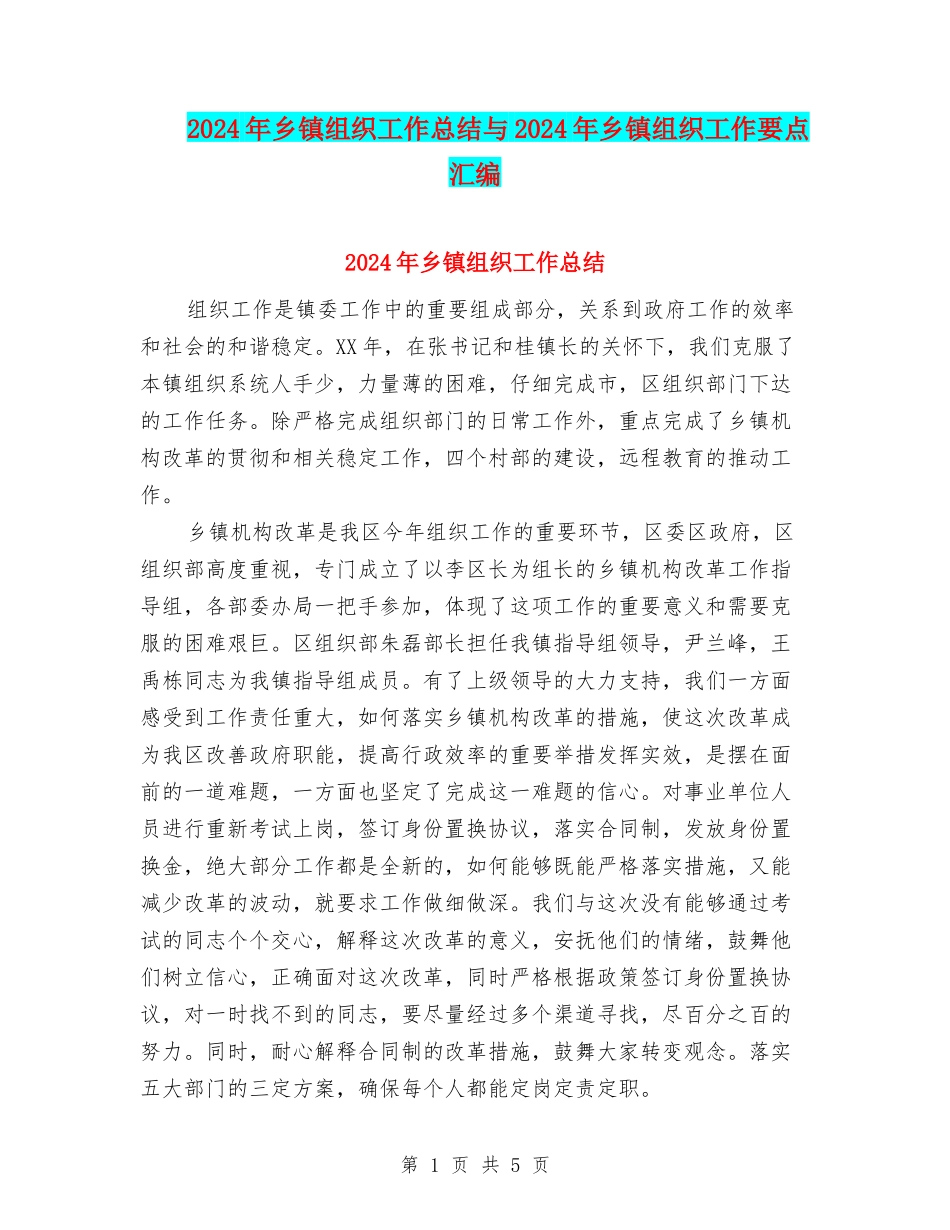 2024年乡镇组织工作总结与2024年乡镇组织工作要点汇编_第1页