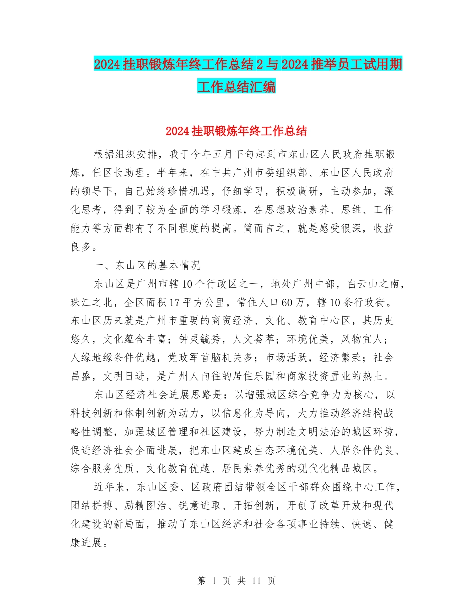 2024挂职锻炼年终工作总结2与2024推荐员工试用期工作总结汇编_第1页