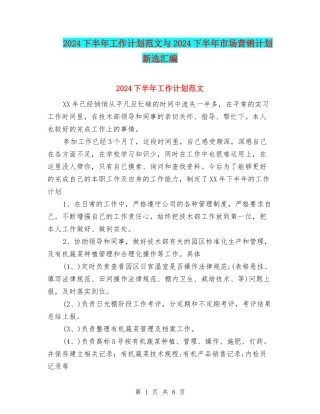 2024下半年工作计划范文与2024下半年市场营销计划新选汇编