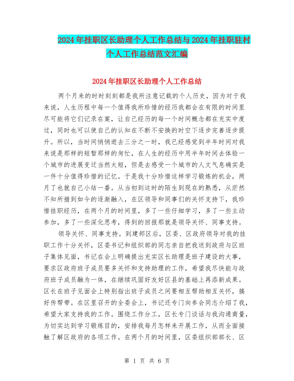 2024年挂职区长助理个人工作总结与2024年挂职驻村个人工作总结范文汇编_第1页