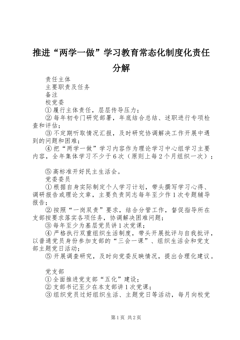 推进“两学一做”学习教育常态化规章制度化责任分解_第1页