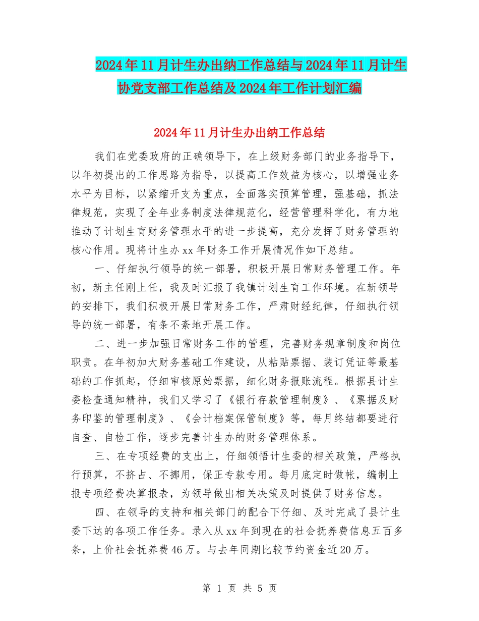 2024年11月计生办出纳工作总结与2024年11月计生协党支部工作总结及2024年工作计划汇编_第1页