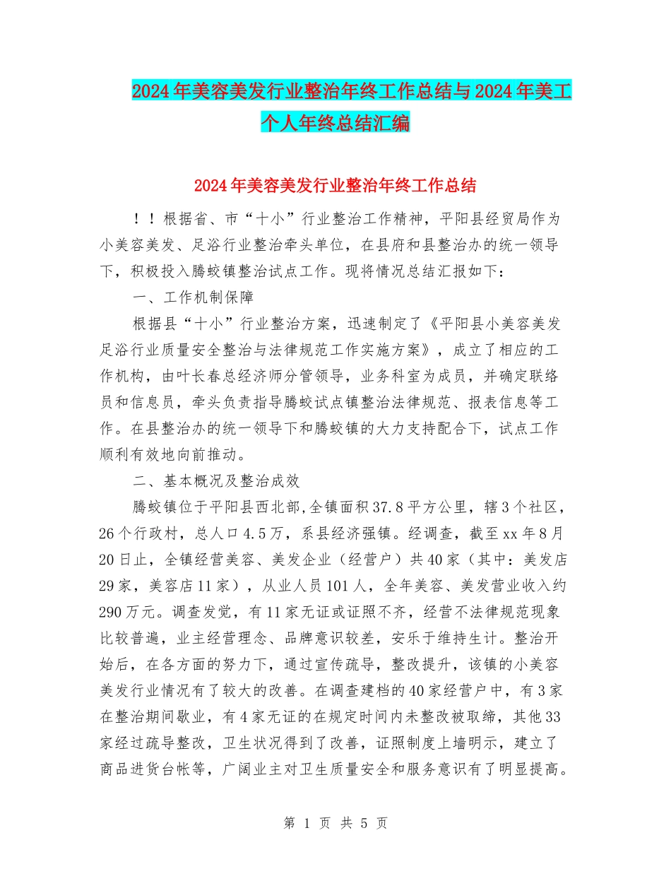 2024年美容美发行业整治年终工作总结与2024年美工个人年终总结汇编_第1页