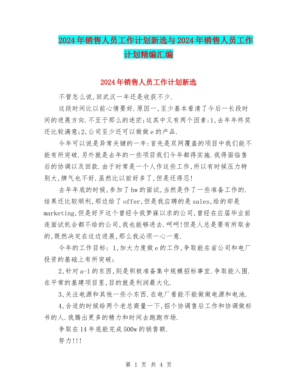 2024年销售人员工作计划新选与2024年销售人员工作计划精编汇编_第1页