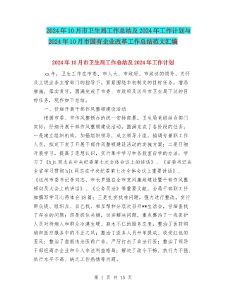 2024年10月市卫生局工作总结及2024年工作计划与2024年10月市国有企业改革工作总结范文汇编