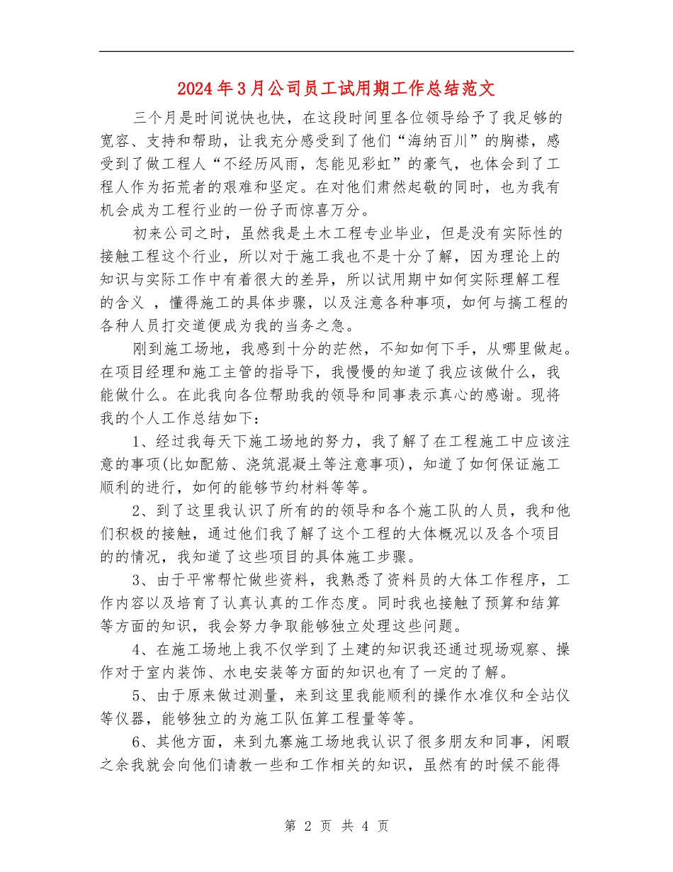 2024年3月公司员工试用期工作总结范文_第2页