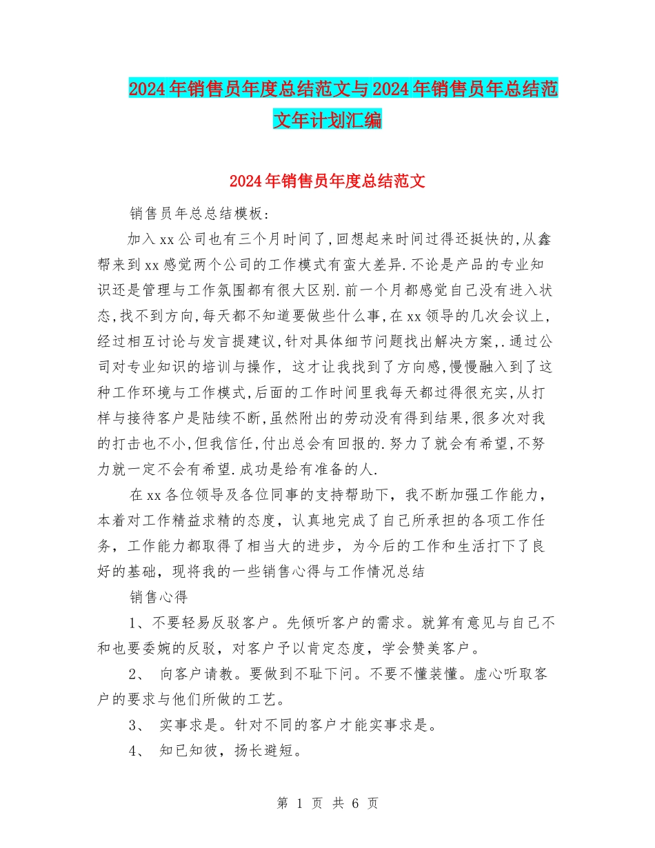 2024年销售员年度总结范文与2024年销售员年总结范文年计划汇编_第1页