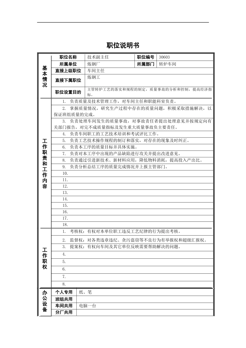德龙钢铁-技术副主任职位说明书_第1页