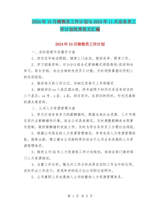 2024年10月销售员工作计划与2024年11月业务员工作计划优秀范文汇编