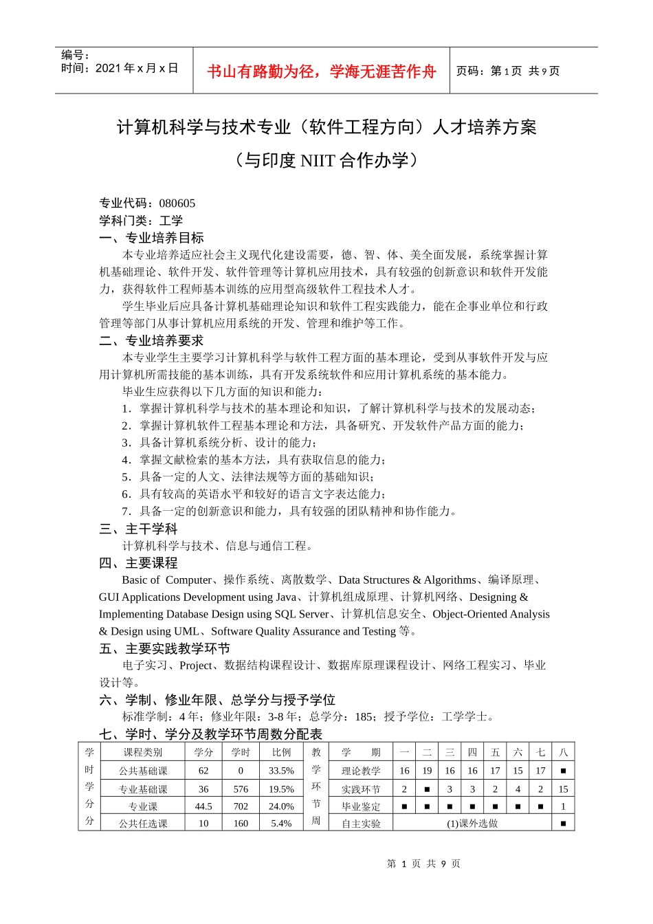 计算机科学与技术专业(软件工程方向)人才培养方案_第1页