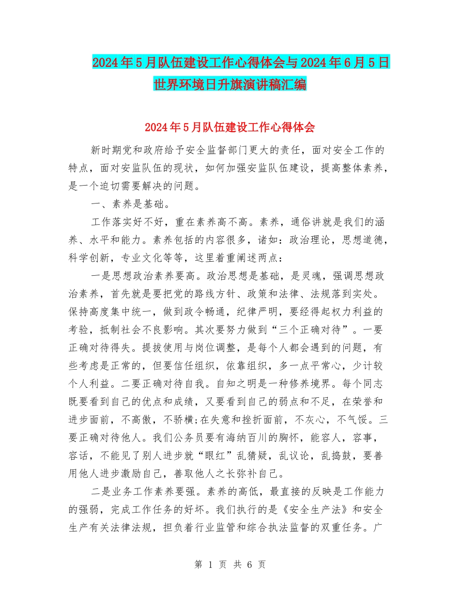 2024年5月队伍建设工作心得体会与2024年6月5日世界环境日升旗演讲稿汇编_第1页