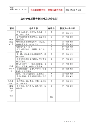 病房管理质量考核标准及评分细则