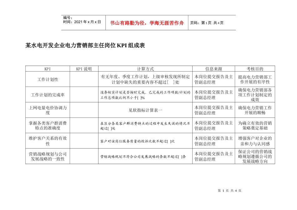 某水电开发企业电力营销部主任岗位kpi组成表._第1页