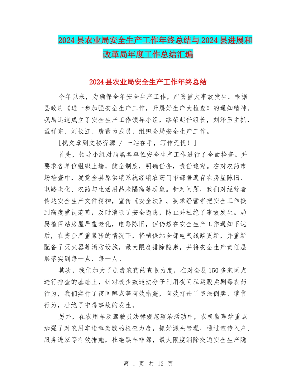 2024县农业局安全生产工作年终总结与2024县发展和改革局年度工作总结汇编_第1页