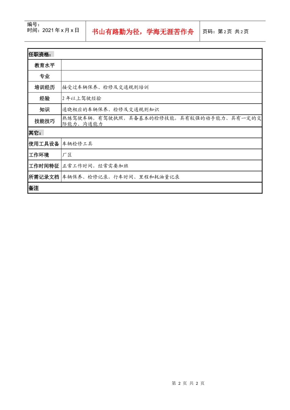 木业公司司机岗位说明书_第2页