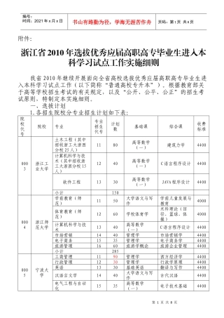 浙江省XXXX年选拔优秀应届高职高专毕业生进入本科学习试点工