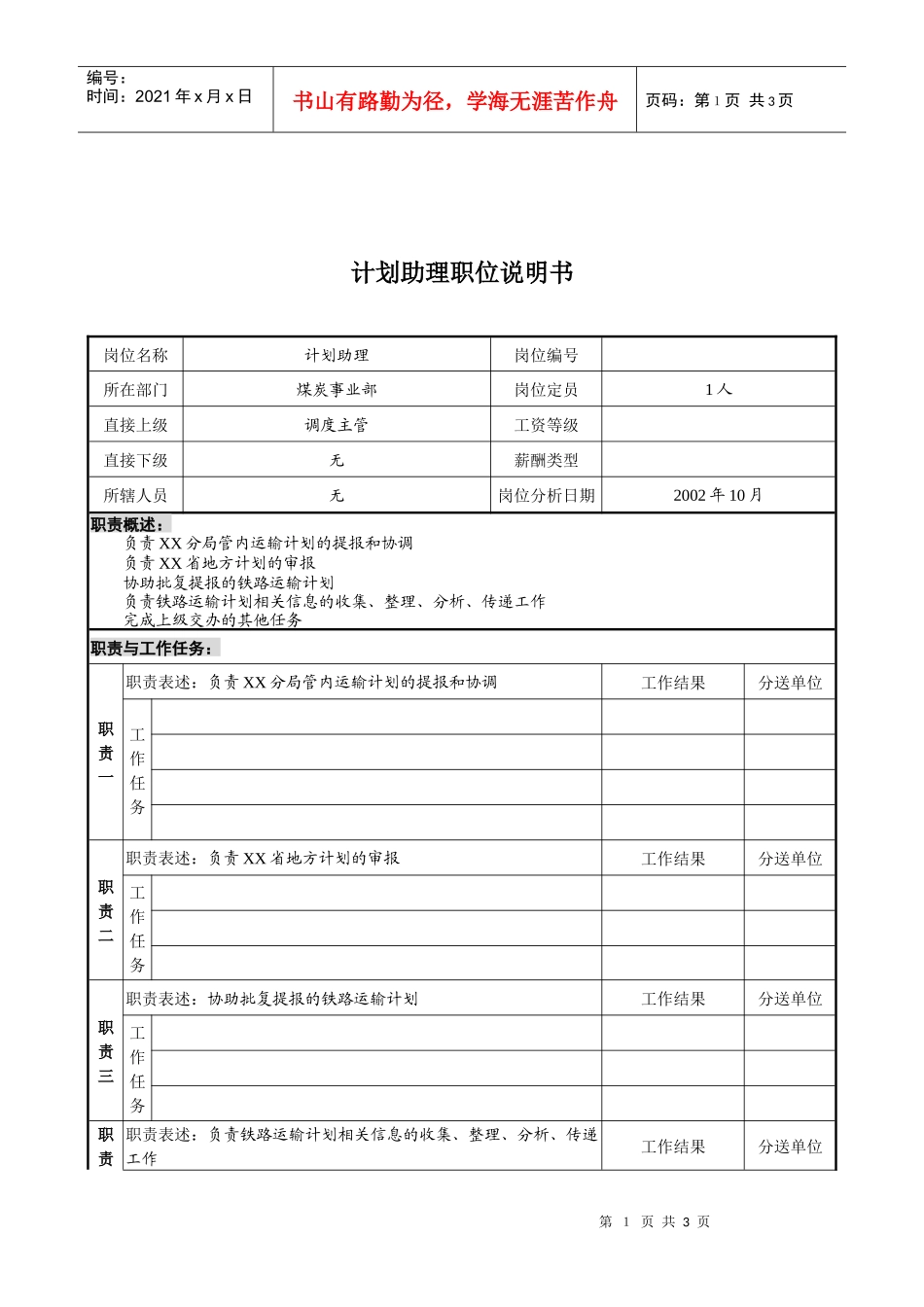 煤炭行业-集团公司-事业部-计划助理岗位说明书_第1页