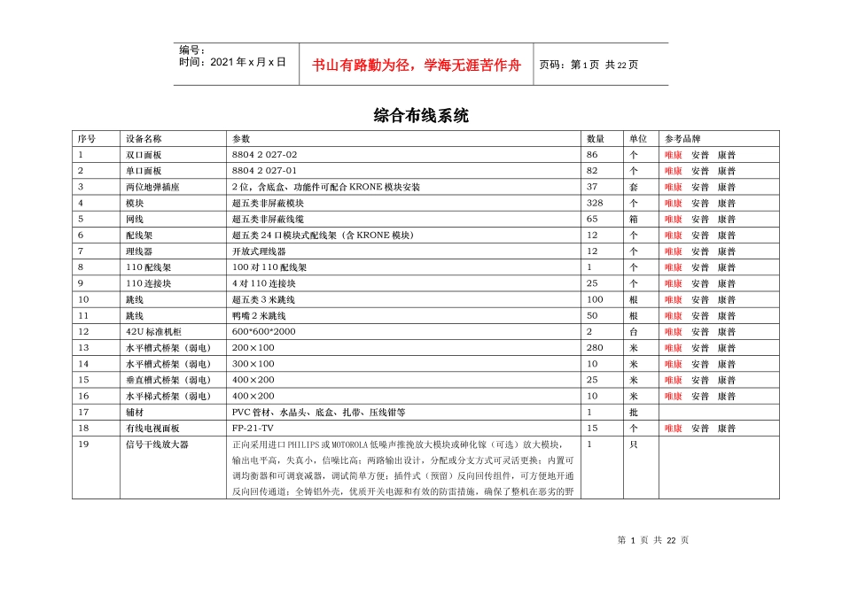 视频会议系统清单doc-综合布线系统_第1页