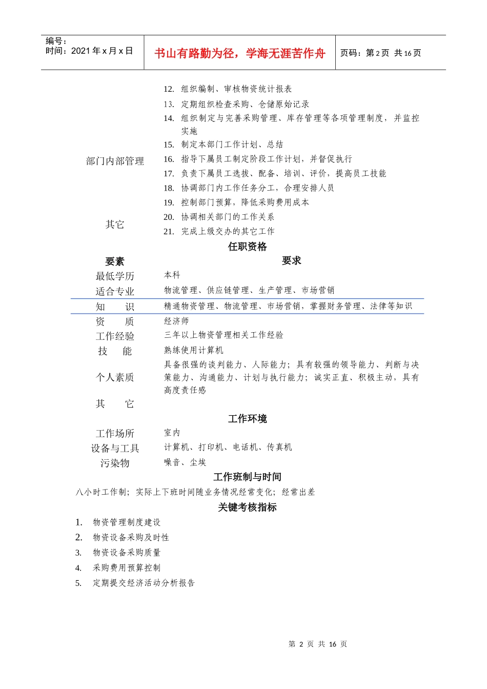 物资部经理岗位说明书_第2页