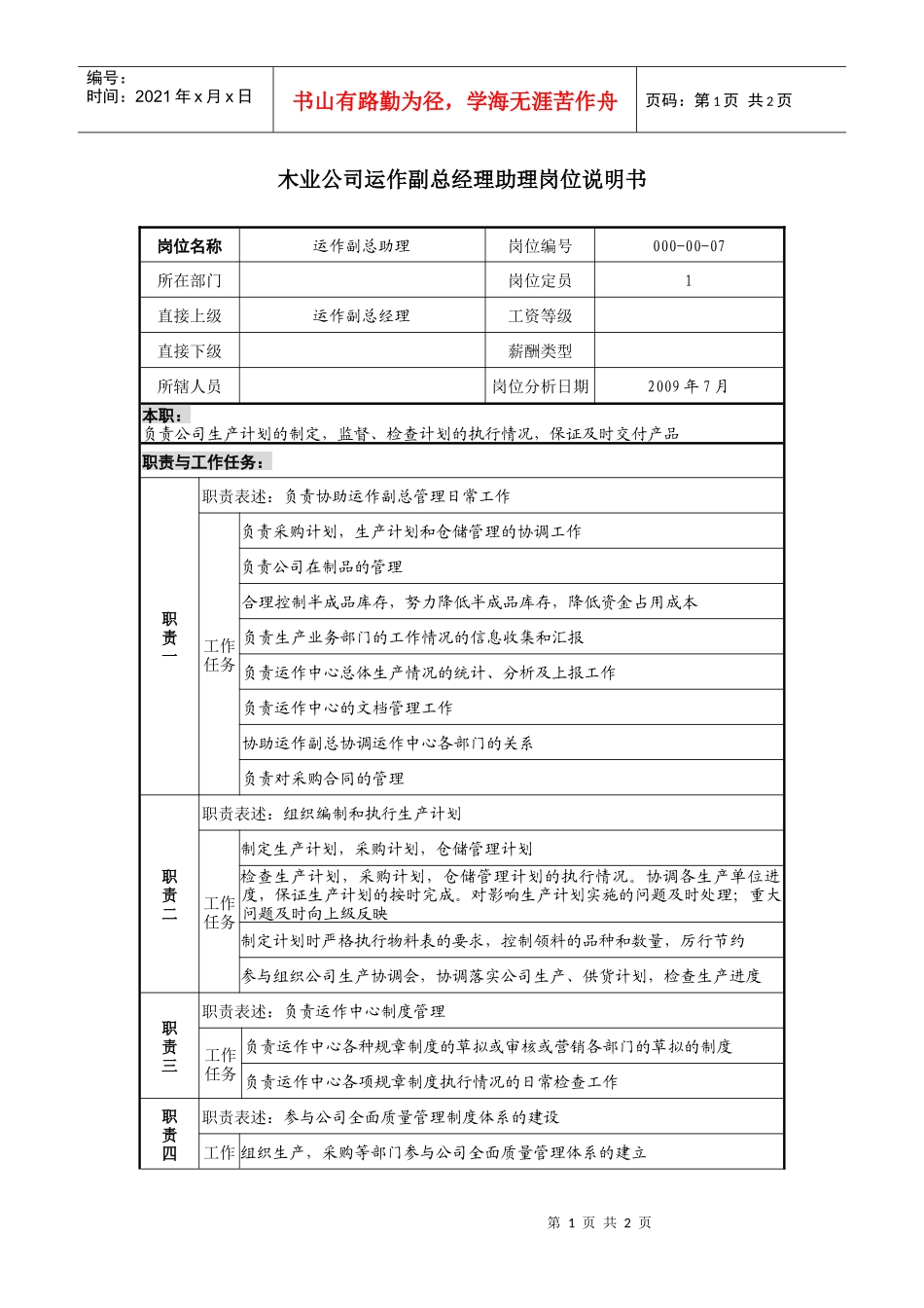 木业公司运作副总经理助理岗位说明书_第1页