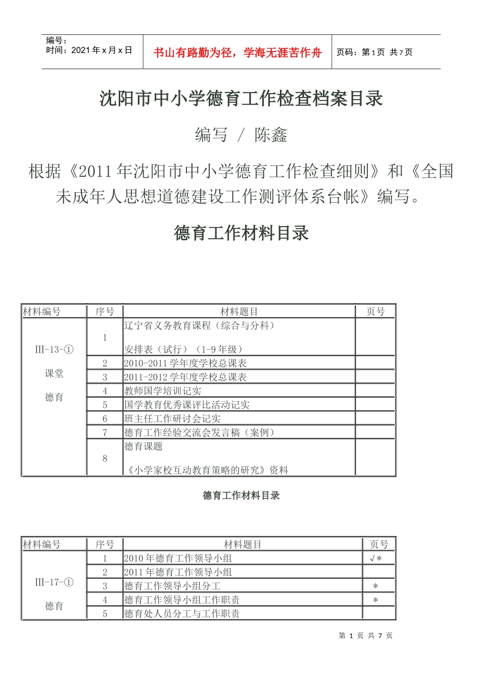 沈阳市中小学德育工作检查档案目录_第1页