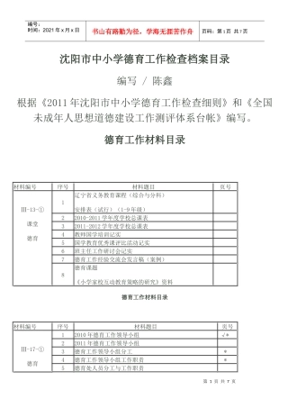 沈阳市中小学德育工作检查档案目录