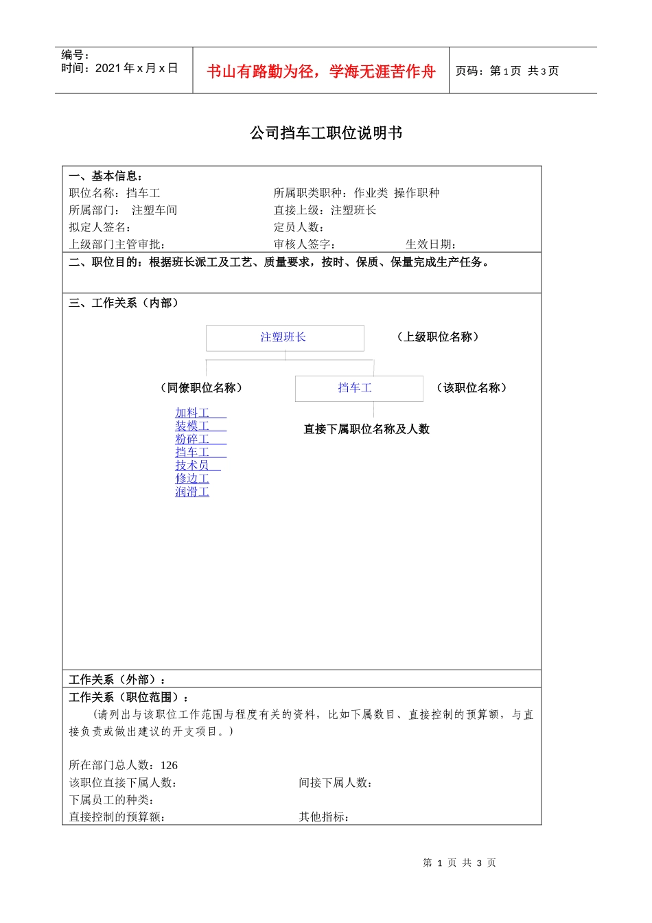 某大型汽车零部件公司挡车工职位说明书_第1页