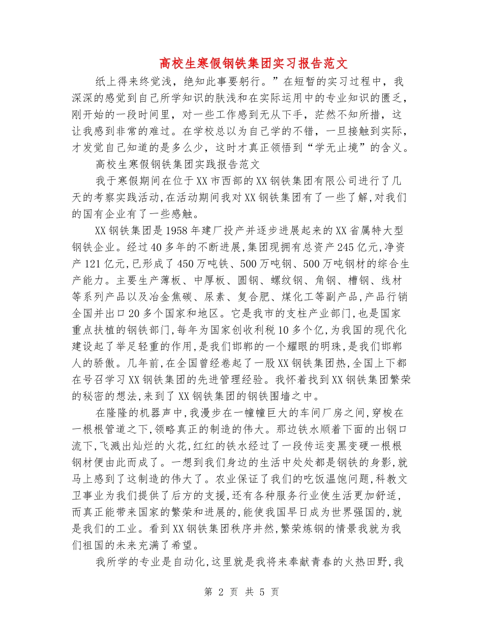 大学生寒假钢铁集团实习报告范文_第2页