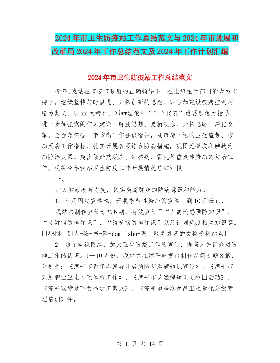 2024年市卫生防疫站工作总结范文与2024年市发展和改革局2024年工作总结范文及2024年工作计划汇编_第1页