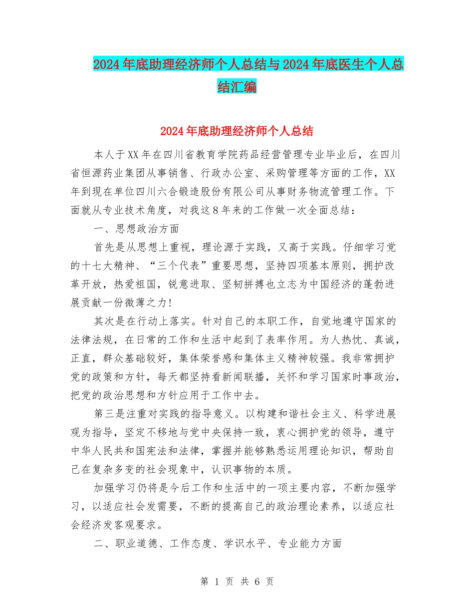2024年底助理经济师个人总结与2024年底医生个人总结汇编_第1页