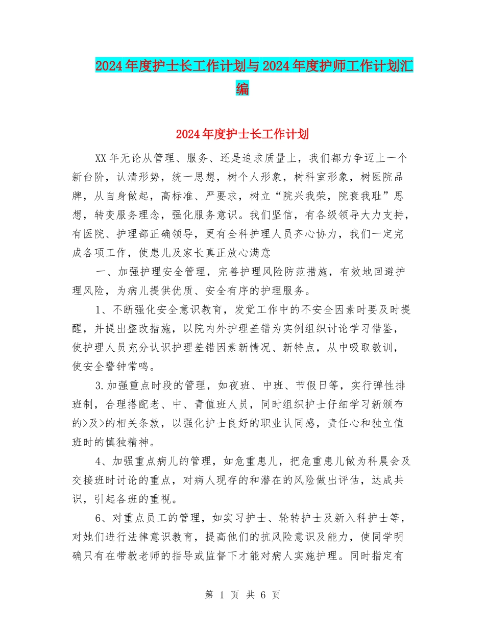 2024年度护士长工作计划与2024年度护师工作计划汇编_第1页