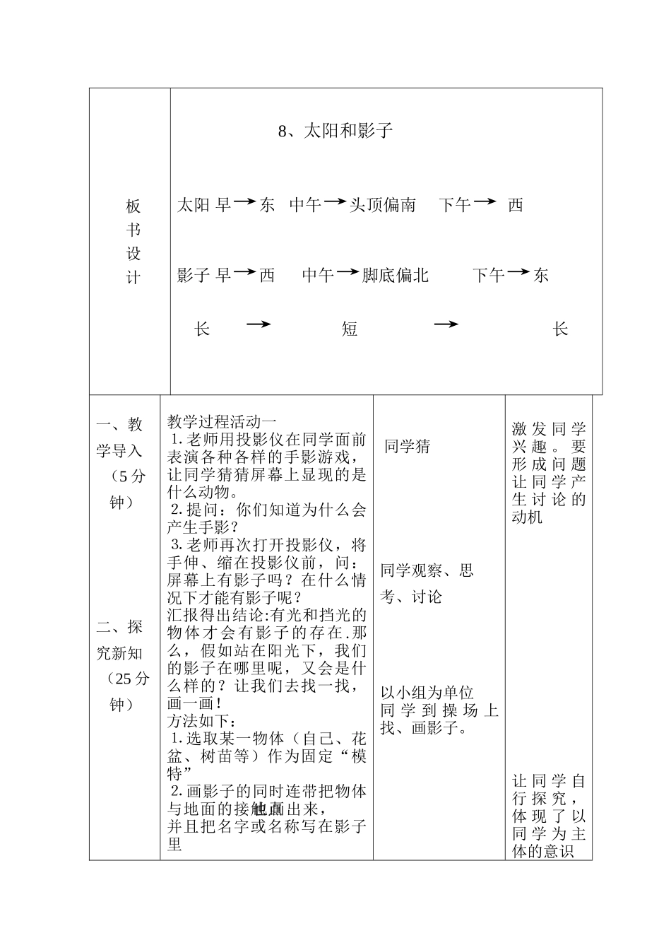 2024-2024年青岛版科学三上《太阳和影子》表格式教案_第2页