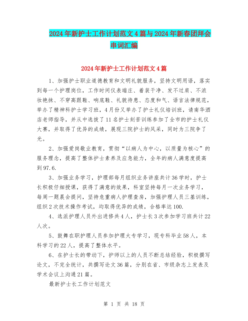 2024年新护士工作计划范文4篇与2024年新春团拜会串词汇编_第1页