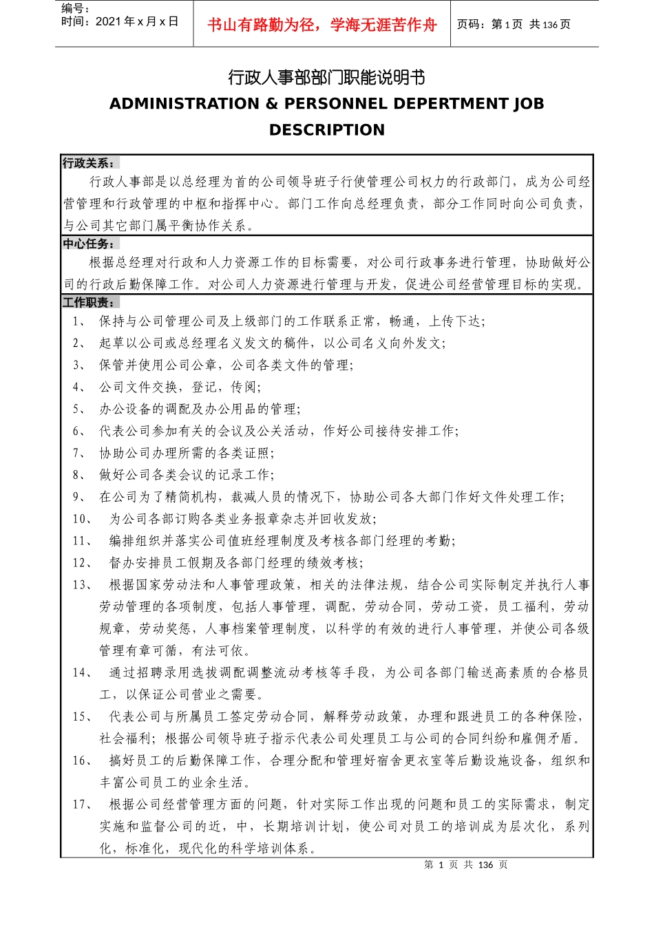 行政人事部运作手册(含职责和工作政策及程序)_第2页