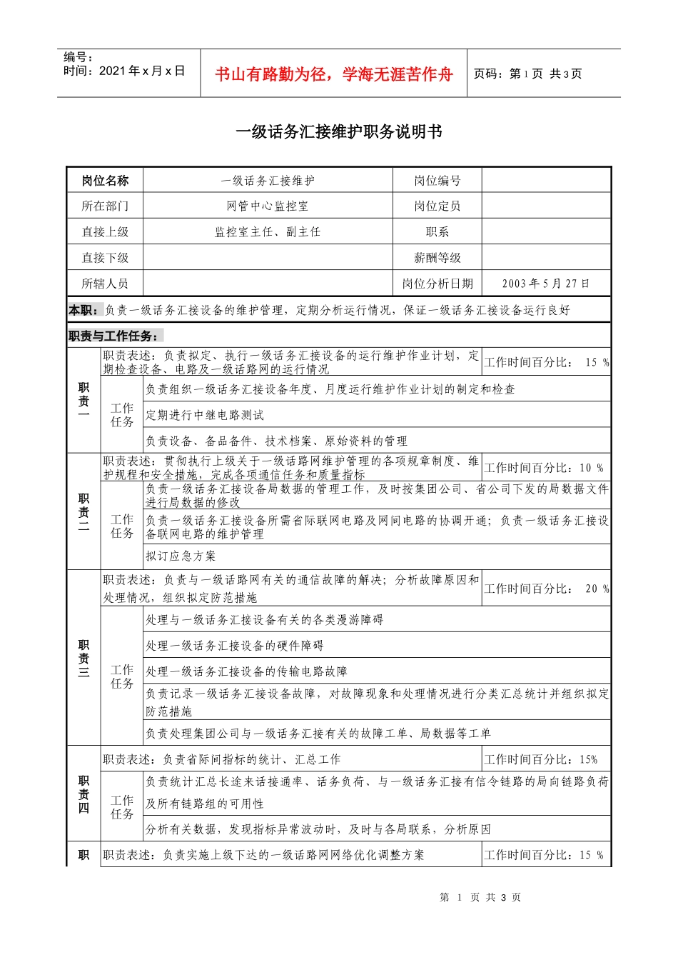 材料行业-网管中心监控室-一级话务汇接维护岗位说明书_第1页