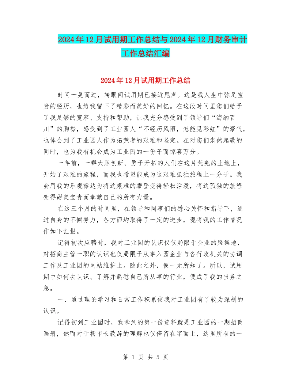 2024年12月试用期工作总结与2024年12月财务审计工作总结汇编_第1页