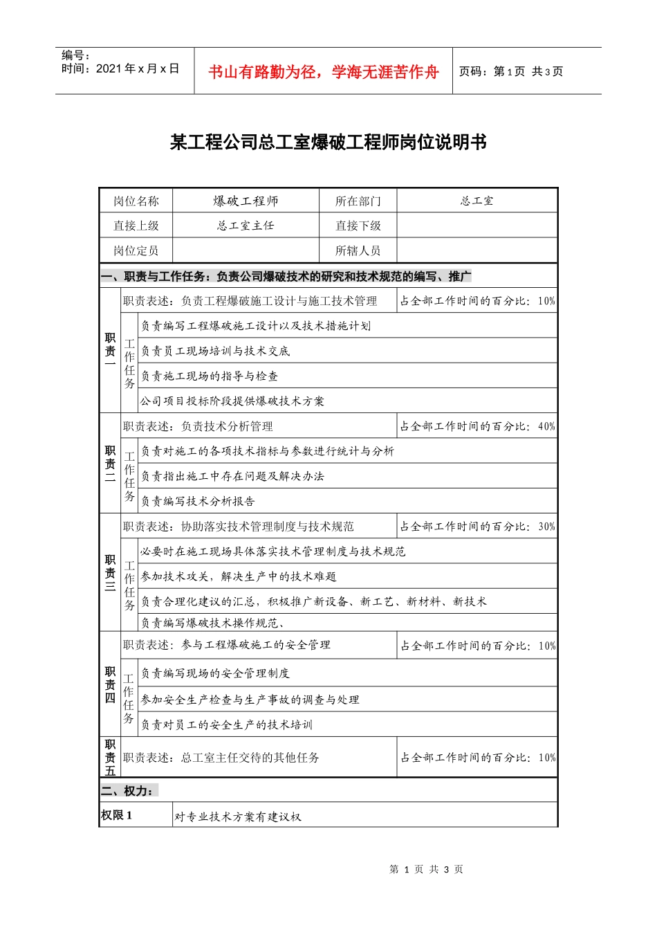 某工程公司总工室爆破工程师岗位说明书_第1页