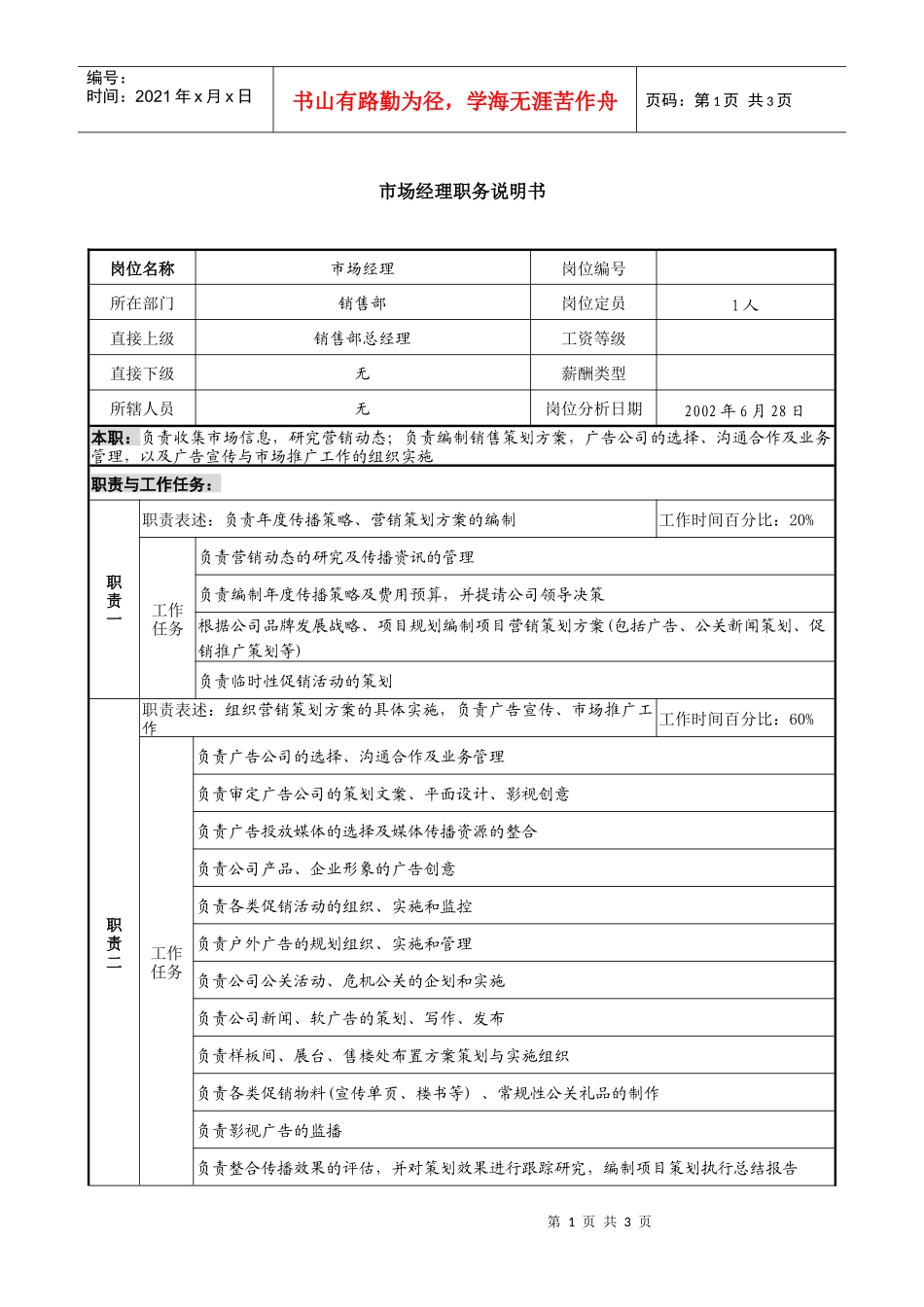 某集团置业公司市场经理职务说明书_第1页