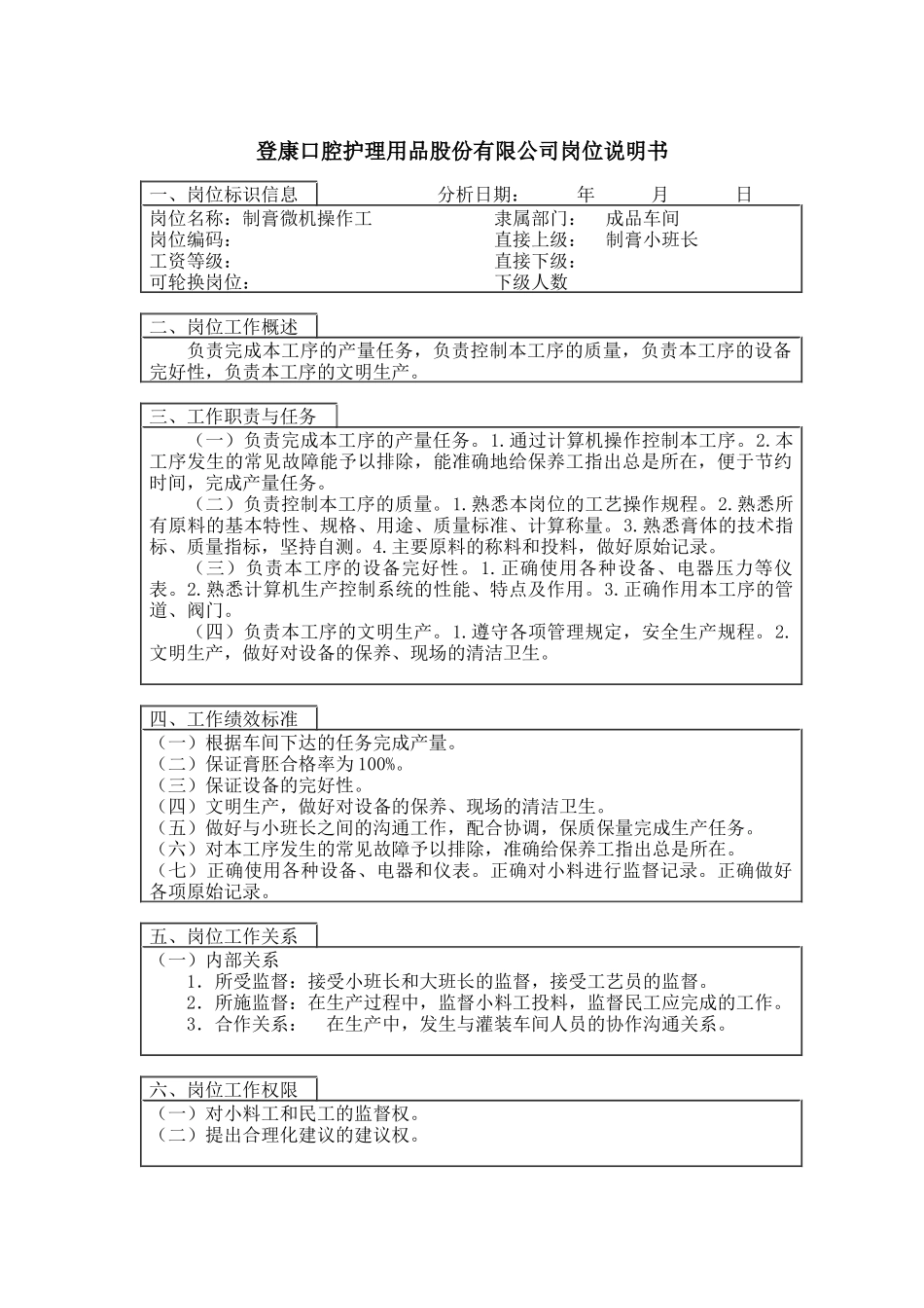登康口腔护理用品股份有限公司制膏操作工岗位说明书_第1页
