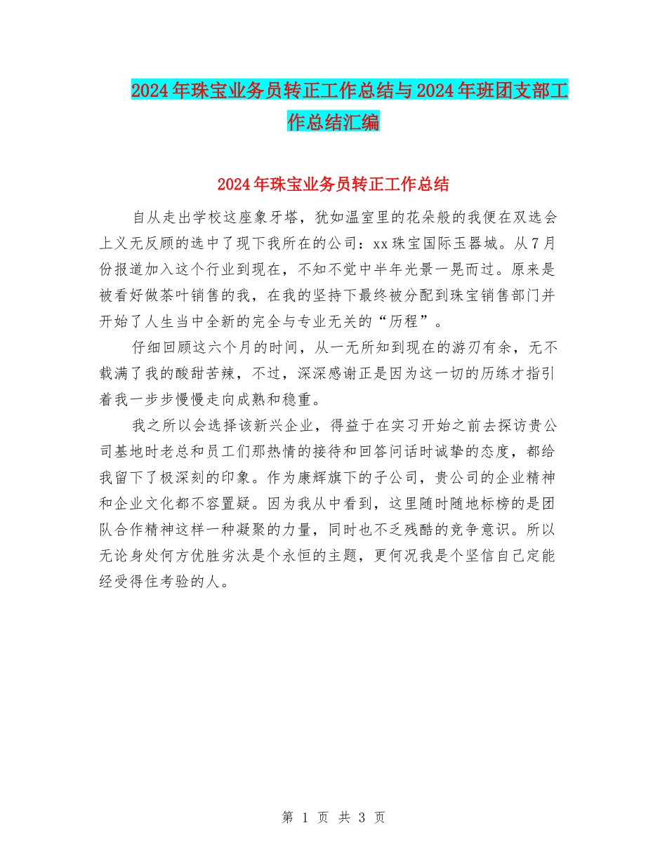 2024年珠宝业务员转正工作总结与2024年班团支部工作总结汇编_第1页