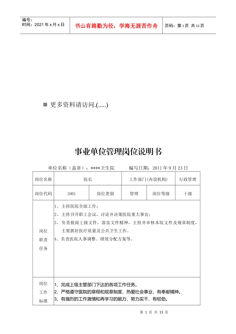 某卫生院各岗位职责说明书_第1页