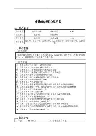 钢铁行业-企管部经理岗位说明书