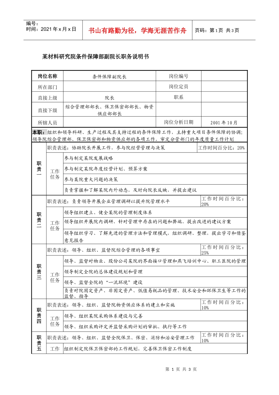 某材料研究院条件保障部副院长职务说明书_第1页