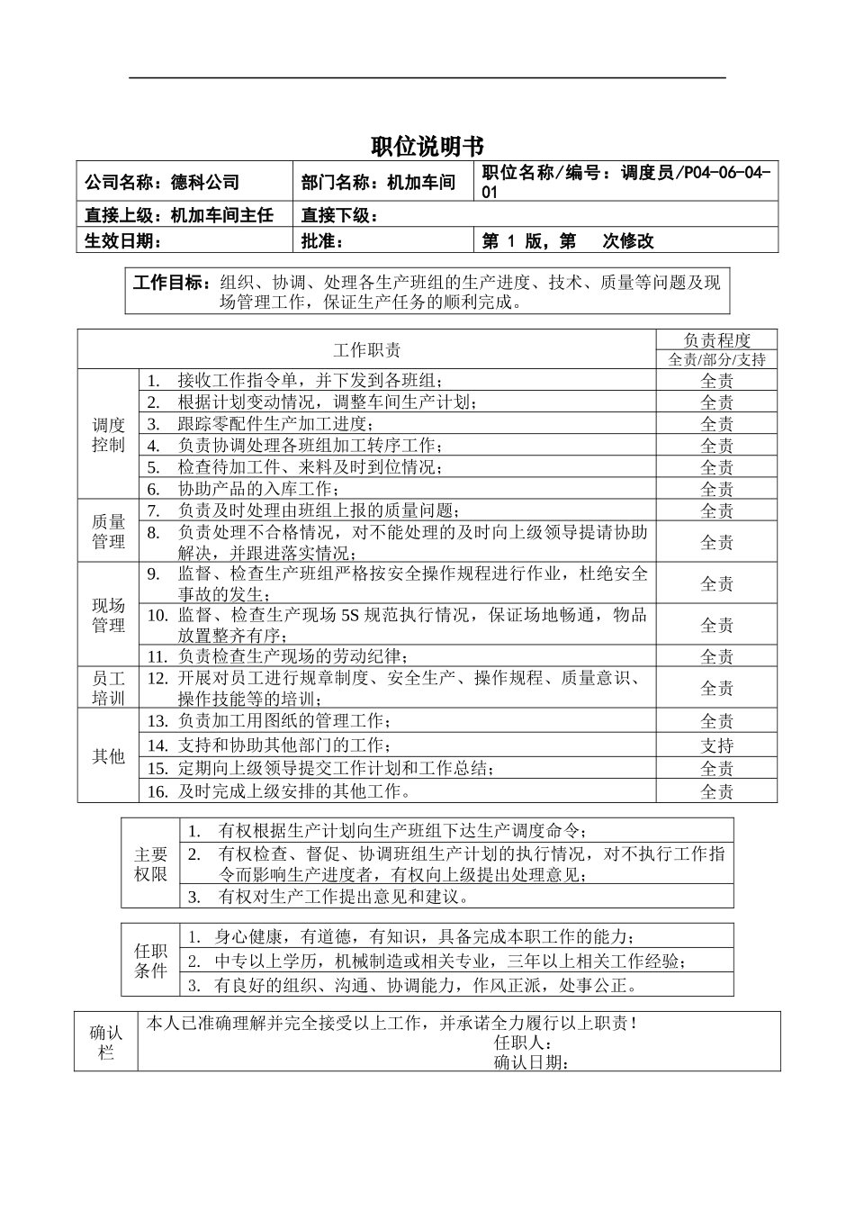 职位说明书_机加调度员_第1页
